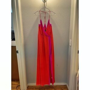 Lulus Bright Side Coral Red Color Block Maxi Dress